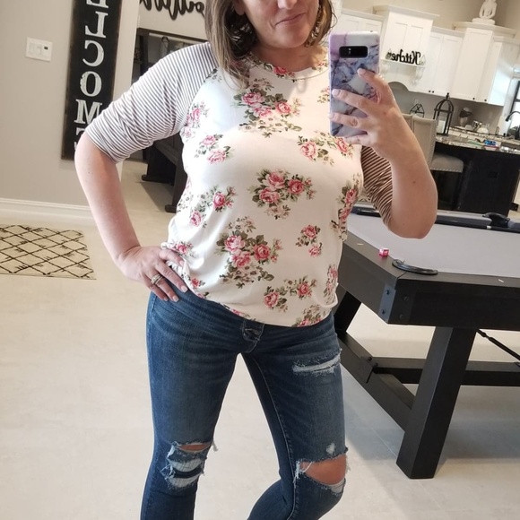 Chris & Carol Tops - Strip & Floral Jersey Knit Top